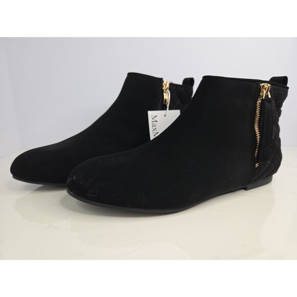 Max Muxun Black Quilted Suede Like Ankle Booties Gold Zip Sz 8 Work Comfort NWT - Picture 2 of 11